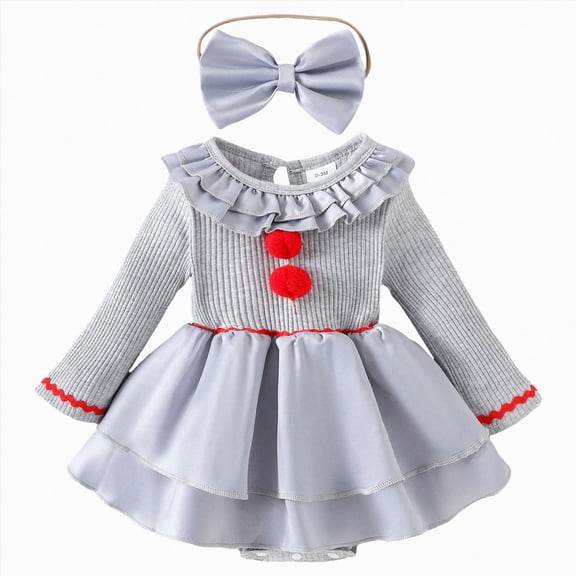 felwors Baby Girl Halloween Outfit Clown Dress Ruffle Romper Long Sleeve Patchwork Doll Collar Onesie Cute Fall Clothes