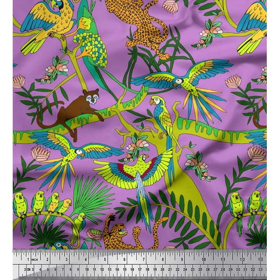 Soimoi Poly Georgette Fabric Branches,Parrot & Leopard Jungle Print Fabric by The Yard 42 Inch Wide