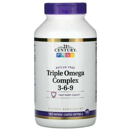 21st Century Enteric Coated Triple Omega Complex, Omega-3-6-9, Reflux-free, 180 Count