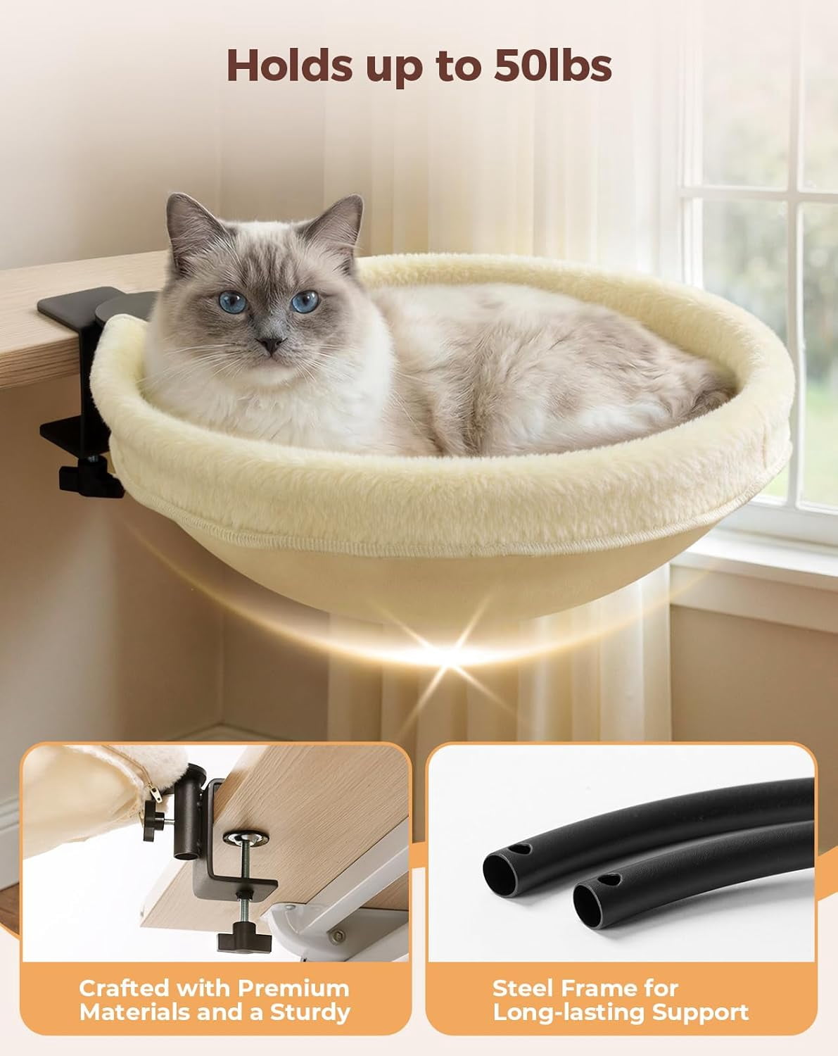 Cat Desk Bed, 16"x16" Sturdy Rotating Cat Bed for Desk with Removable Washable Soft Fabric Hammock Cover, Stable Holds Up to 50 lbs, Space Saving Cat Perch for Home Office, Game Table
