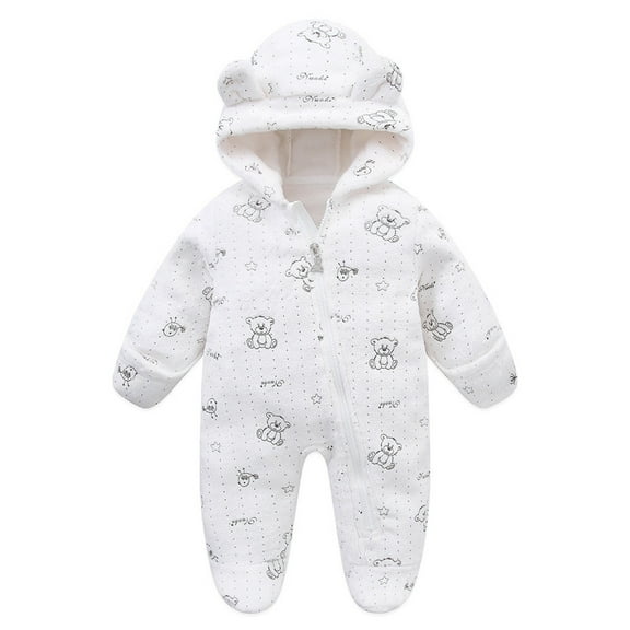 IVEYRTF Toddler Kids Bodysuit Cute Print Fleece-Lined Hooded Romper Zip Thermal Fall Winter Cozy Warm One-Piece Outerwear for Baby 1-2 Years(White,0-3 Months)