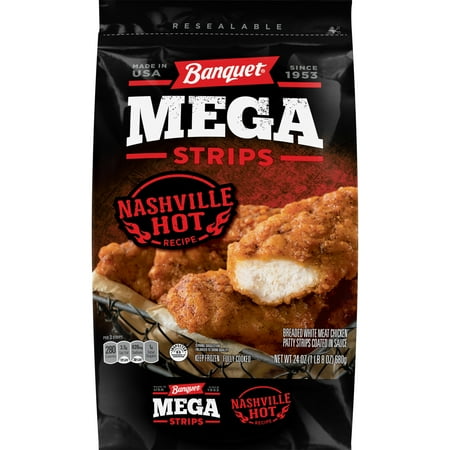Banquet Mega Strips Nashville Hot Recipe Chicken Strips, Frozen Meat, 24 oz (Frozen)