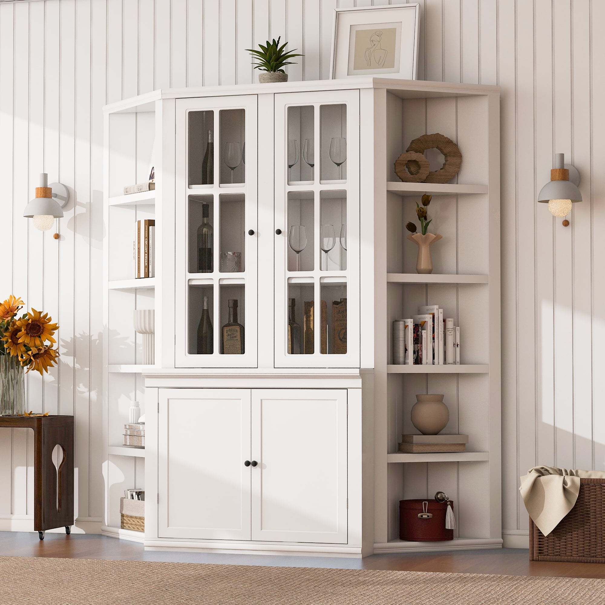 Euroco 75.25'' Tall Display Cabinet and Two Triangle Sided Bookshelves, 69.25'' Wide Retro Style Wall Suit with Glass Doors, for Hallways, Living room, Office, Studio or Workspace - White