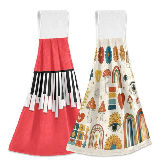 IAUYY Kitchen Hanging Towels Set of 2 100% Polyester Absorbent, Super Soft Hand Towels with Hanging Loops for Bathroom Kitchen Red Keyboard Rainbow Mushroom