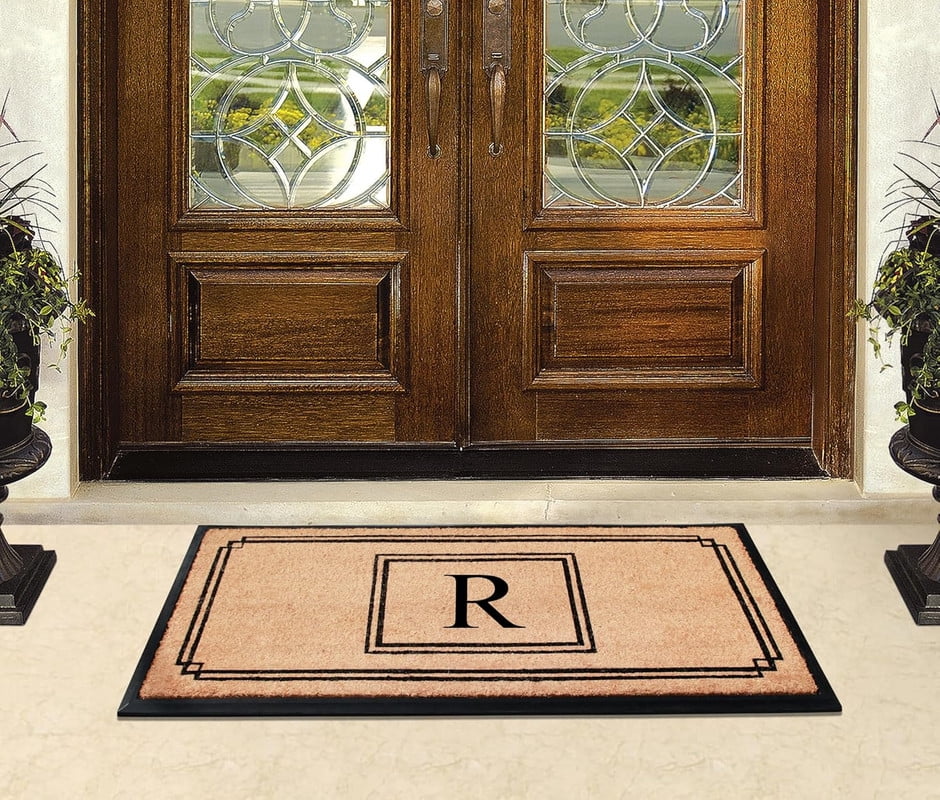 A1 Home Collections Rubber & Coir Mat, Heavy Duty, Extra Large, Front Door Mat 24"X48", Black/Beige Doormat Monogrammed R