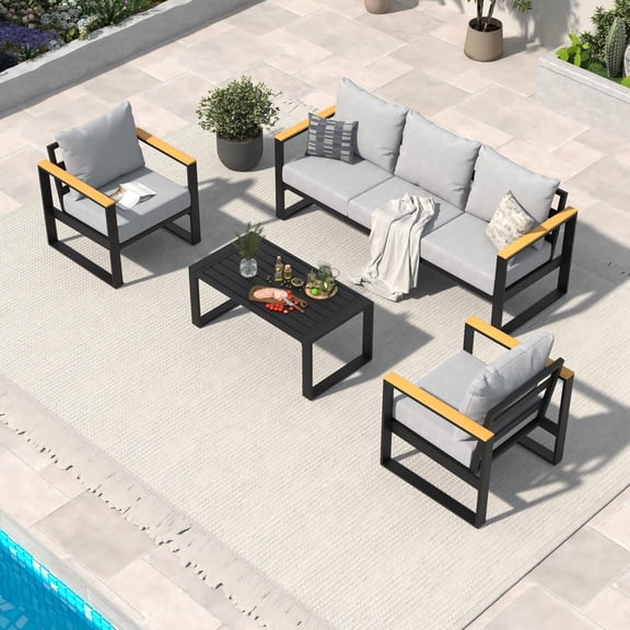 5 Seats Outdoor Aluminum Patio Furniture Set with Coffee Table-Grey | 4 Piece Patio Conversation Sets with 3-Seat sofa & Washable Thick Cushions for Patio, Porch, Balcony, Deck, Yard-Gray