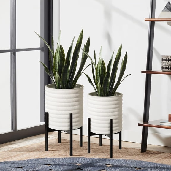 Pots with Stand, Set of 2 Indoor Planter Pots, Mid-Century Decorative Metal Flower Pots with Drainage for Living Room, Office, Garden, Balcony, 8"&10", White