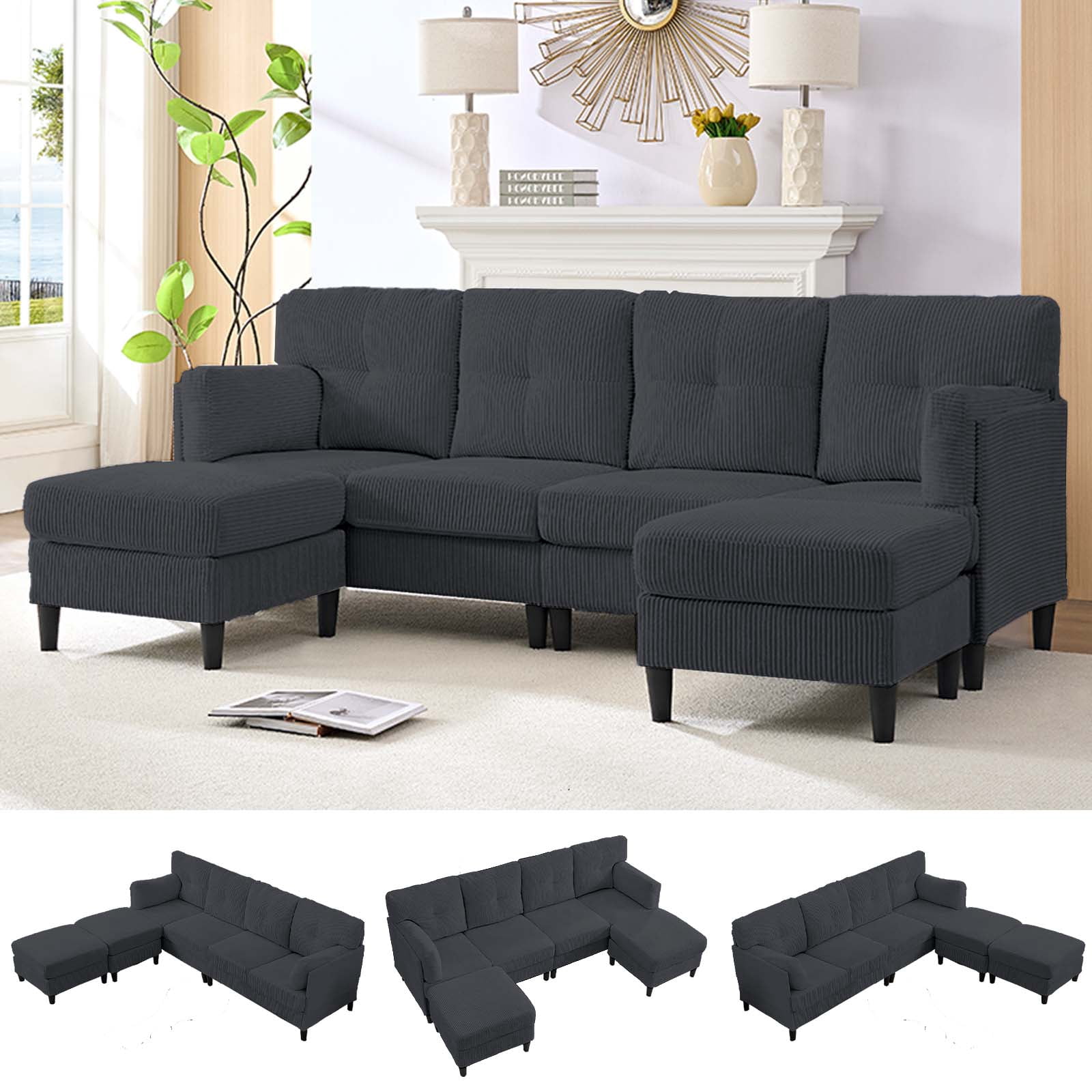 ijuicy Convertible U/L Shaped Sofa with Chaises, 6 Seater Couch for Living Room, Dark Gray