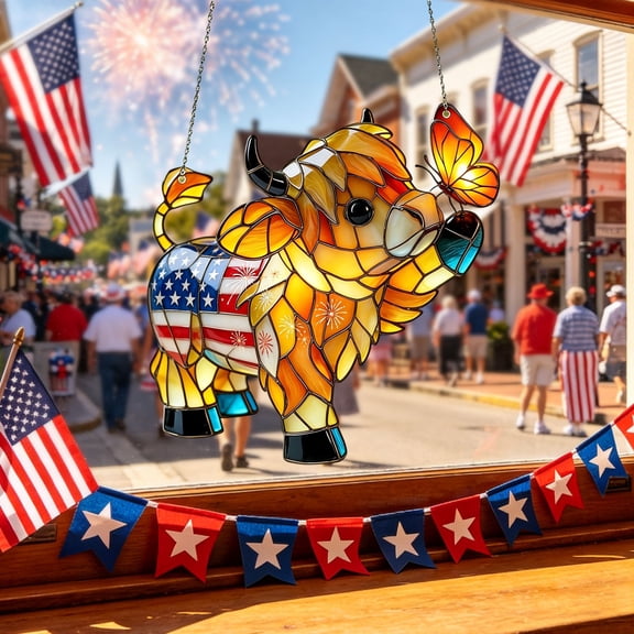 Highland Cow Acrylic Suncatcher, Farm Animal Window Hanging, Cow and Butterfly Stained Glass Style, Patriotic Home Decor, Red White Blue Theme, July 4th Garden Art, Cow Lover Gift