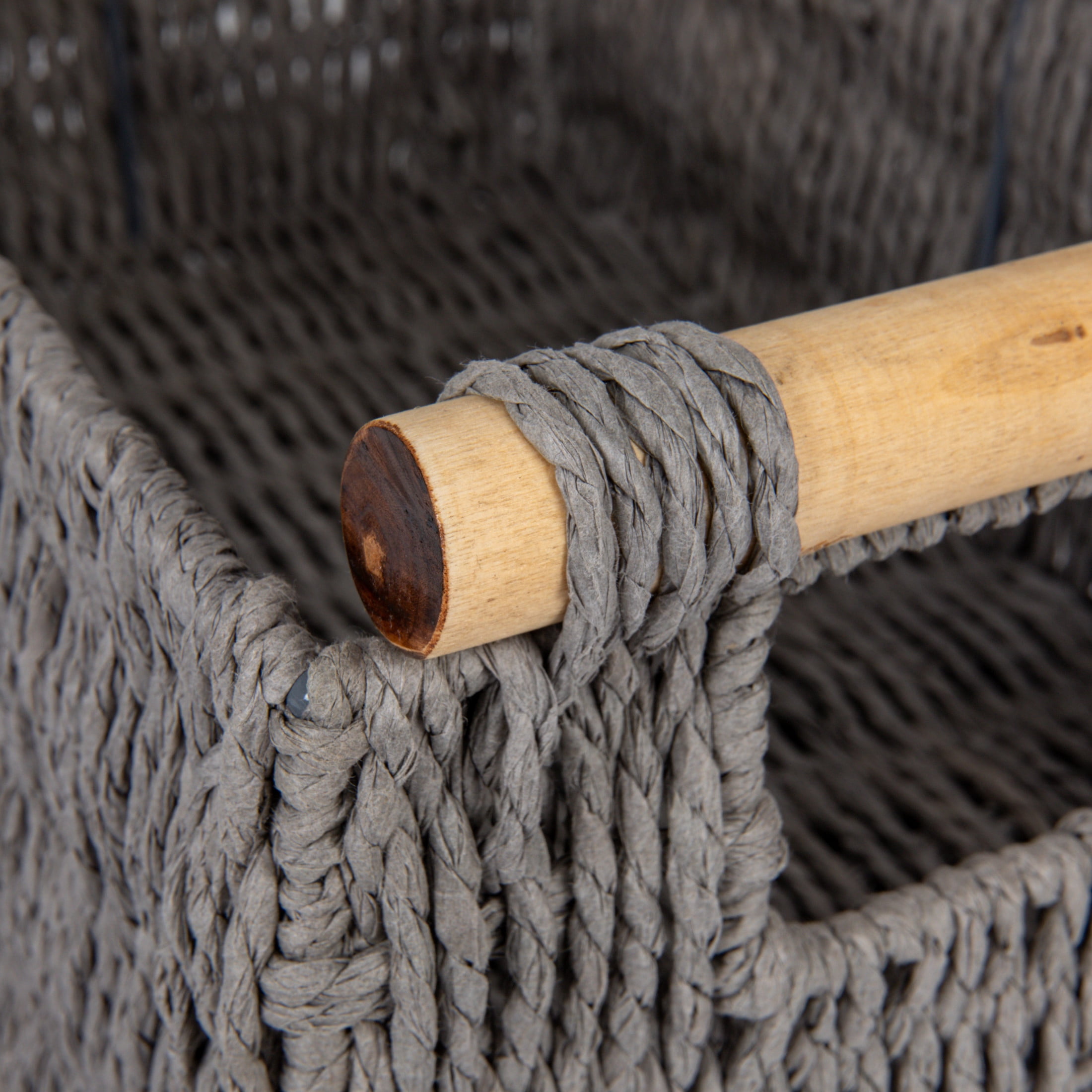Household Essentials Decorative Woven Baskets, Set of 3, Paper Rope with Wood Handles, Sturdy Metal Frame, Small, Medium and Large, Grey