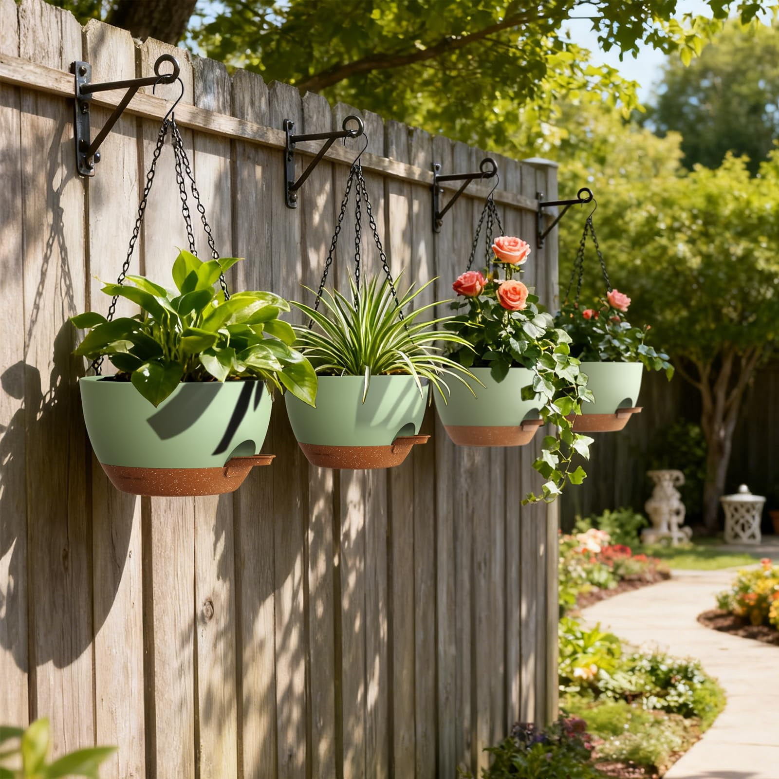4 Pack 8 Inch Self Watering Hanging Planters For Indoor Outdoor Plants Pots With Drainage Removable Tray  Baskets Flower Pothos Garden Green Brown