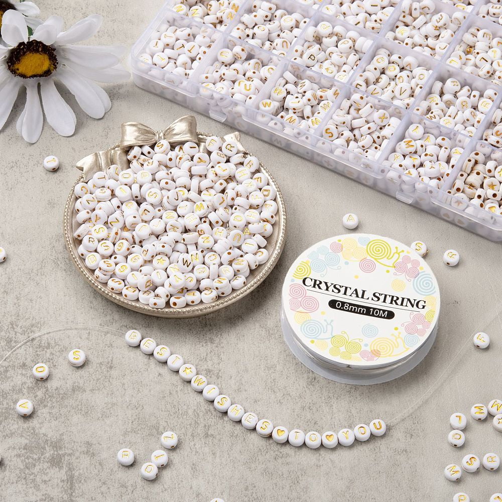 1set Bracelet Making Kits Including Round with Alphabet Plating Acrylic Beads with Elastic Thread White Beads: 1920pcs