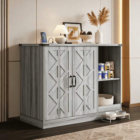 Cat Litter Box Cabinet with Power Outlet, Modern Hidden Litter Box Furniture for Large Automatic Litter Boxes, Enclosure with Litter Catcher, Adjustable Storage Shelves, Gray Finish