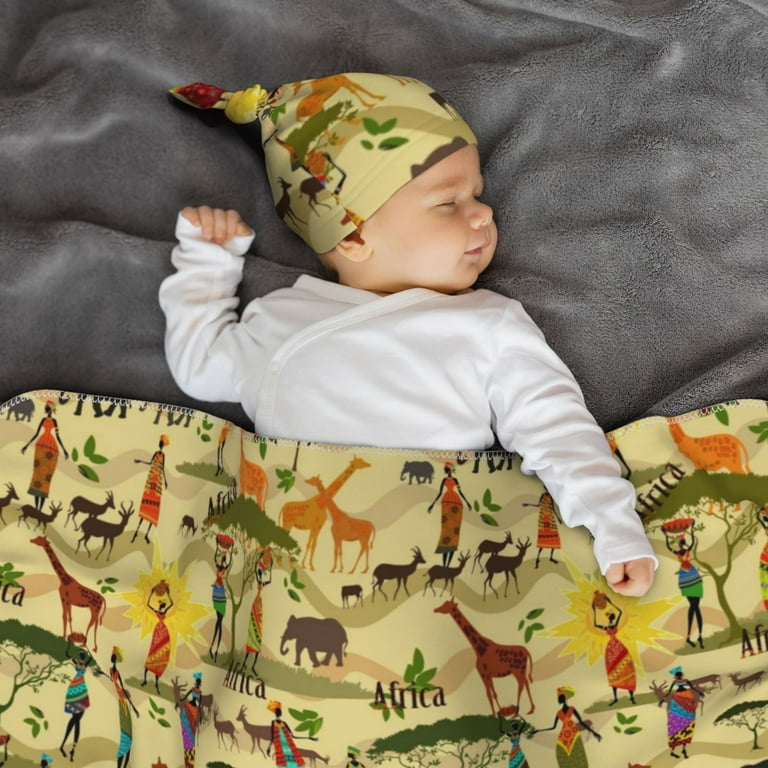 Honeii Ethnic African Print Swaddle Blanket and Hat Set Newborn Swaddle Wrap Baby Receiving Blanket for Baby Boys Girls