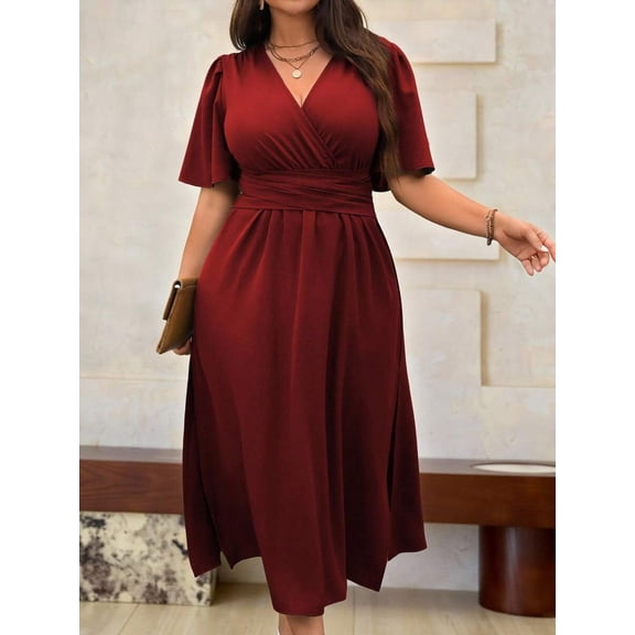 Plus Size Womens Burgundy Solid V-Neck Wrap Short Sleeve Midi Dress