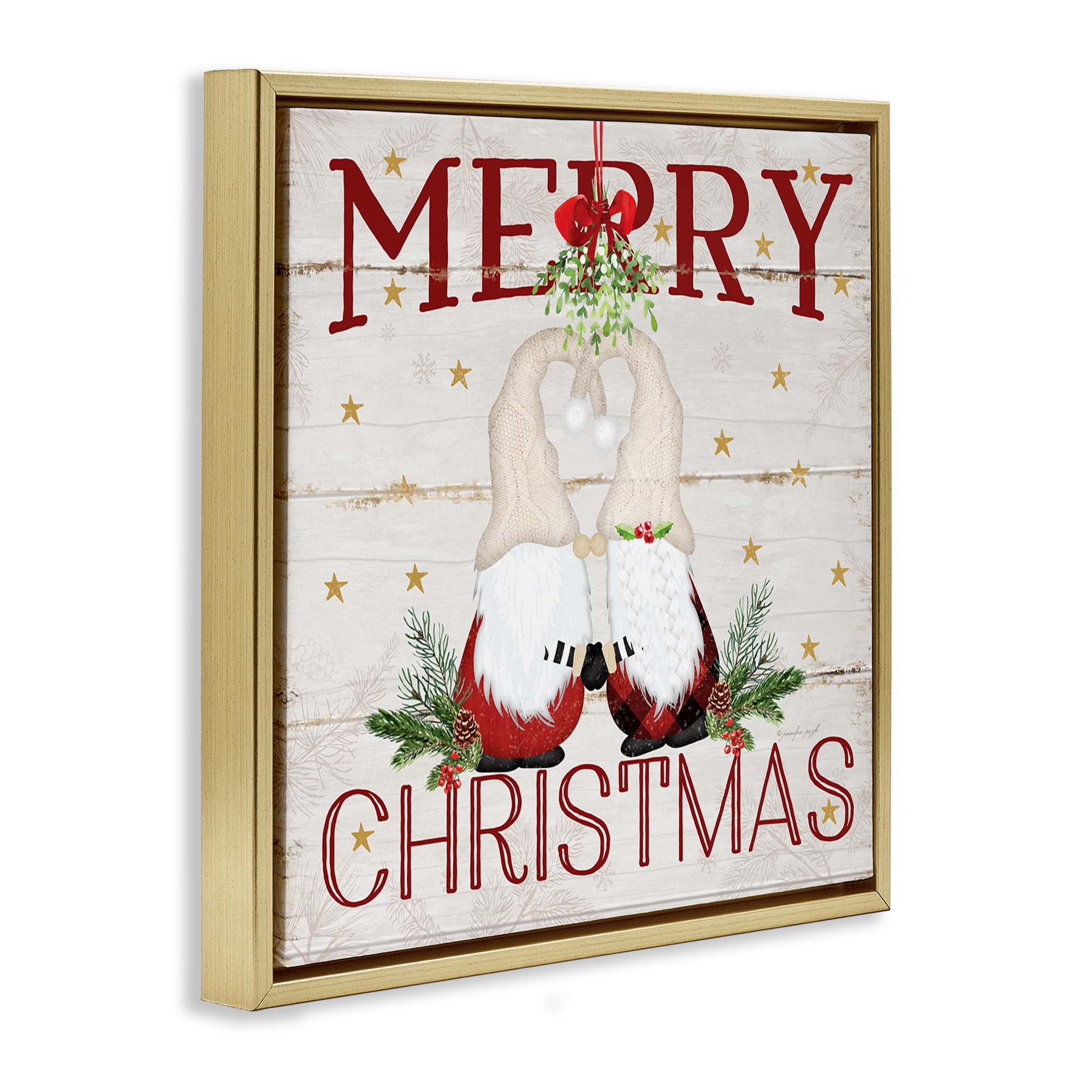 Stupell Industries Holiday Gnomes Under Mistletoe Holiday Painting Gold Floater Framed Canvas Art Print Wall Art, 18 x 18