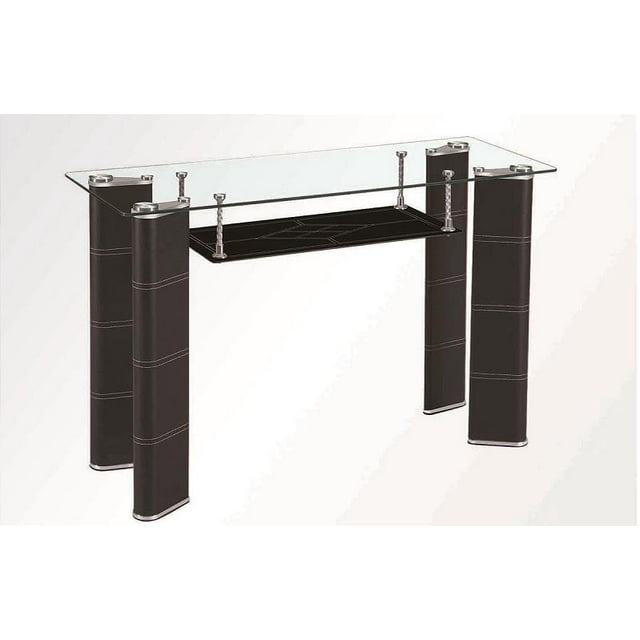 credenza kessa muebles bt565 Credenza forrado en vinipiel color Chocolate, vista frontal 3/4 con tablero superior de cristal templado y repisa inferior negra; cuatro patas forradas en vinipiel con costuras y soportes de acero inoxidable, acabado color chocolate, medidas 110 x 73 x 40 cm; adecuada también como consola para equipo multimedia. Nota: accesorios se venden por separado.