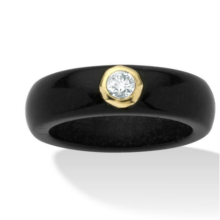 Jade Floral Band Ring - .30 TCW Round Genuine White Topaz and Genuine Black Jade 10k Yellow Gold Band Ring