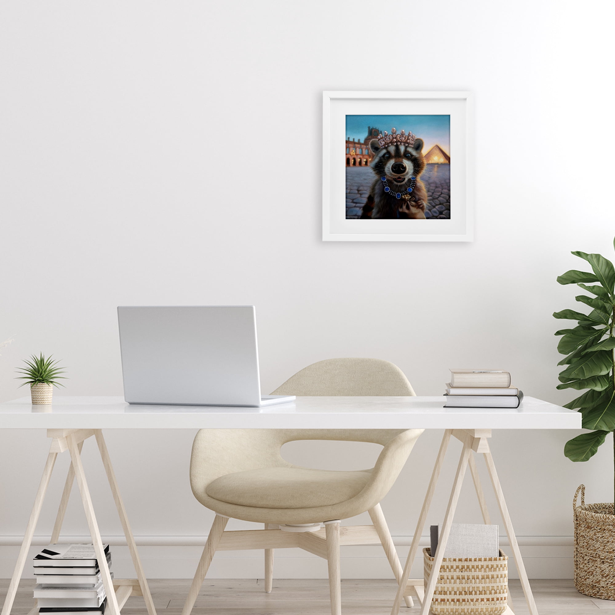 Stupell Industries Louvre Loot Raccoon White Framed Print Under Glass, design by Lucia Heffernan