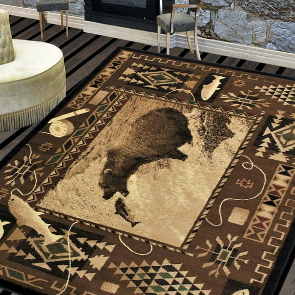 Handcraft Rugs Cabin Rug Lodge, Cabin Nature and Animals Area Rug Modern Southwestern Pattern Cabin Area Rug Abstract, Chocolate/Beige-Bear Hunting Fish 5x7 feet