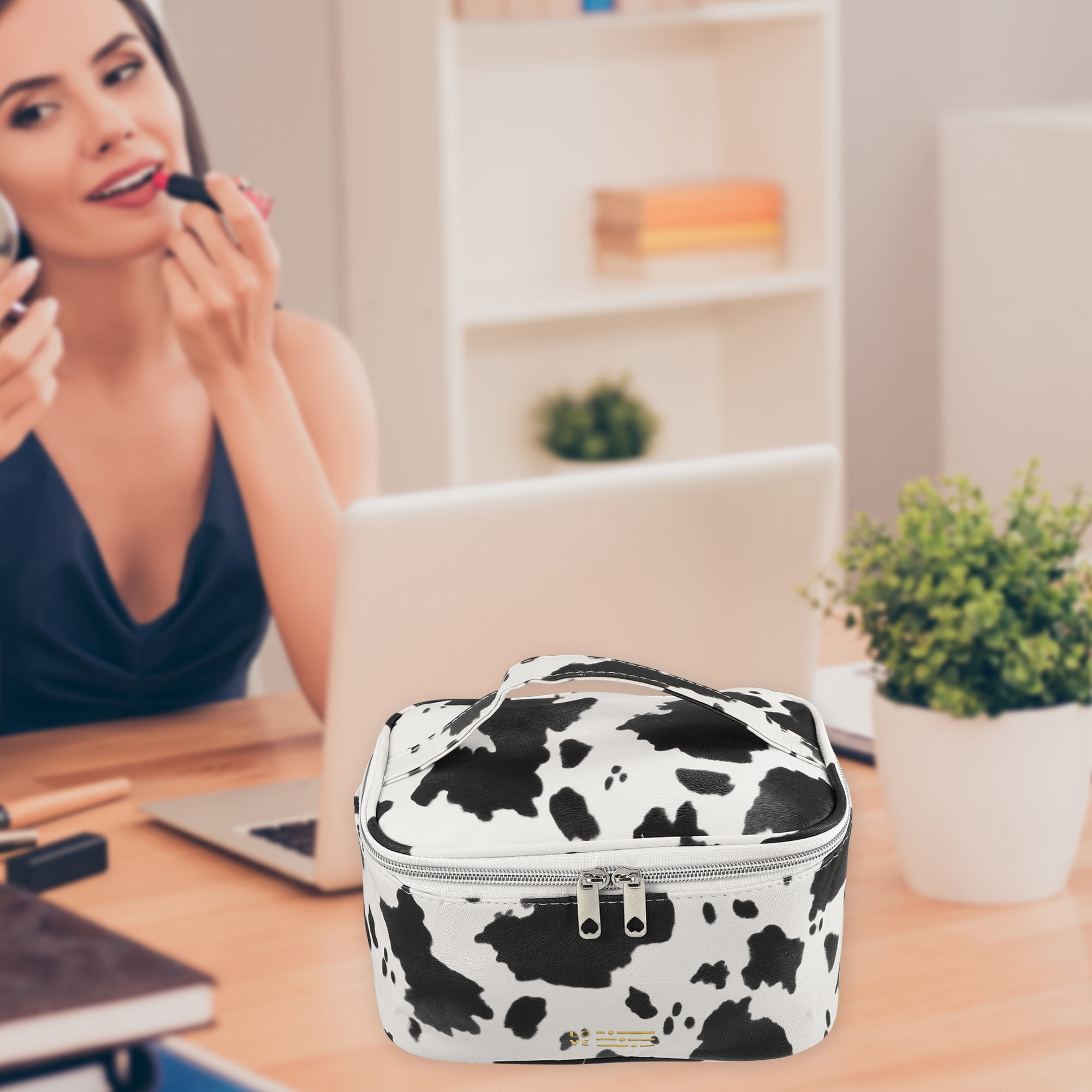 Unique Bargains Make Up Bag Cosmetic Travel Bag Organizer Bag Faux Leather Black White