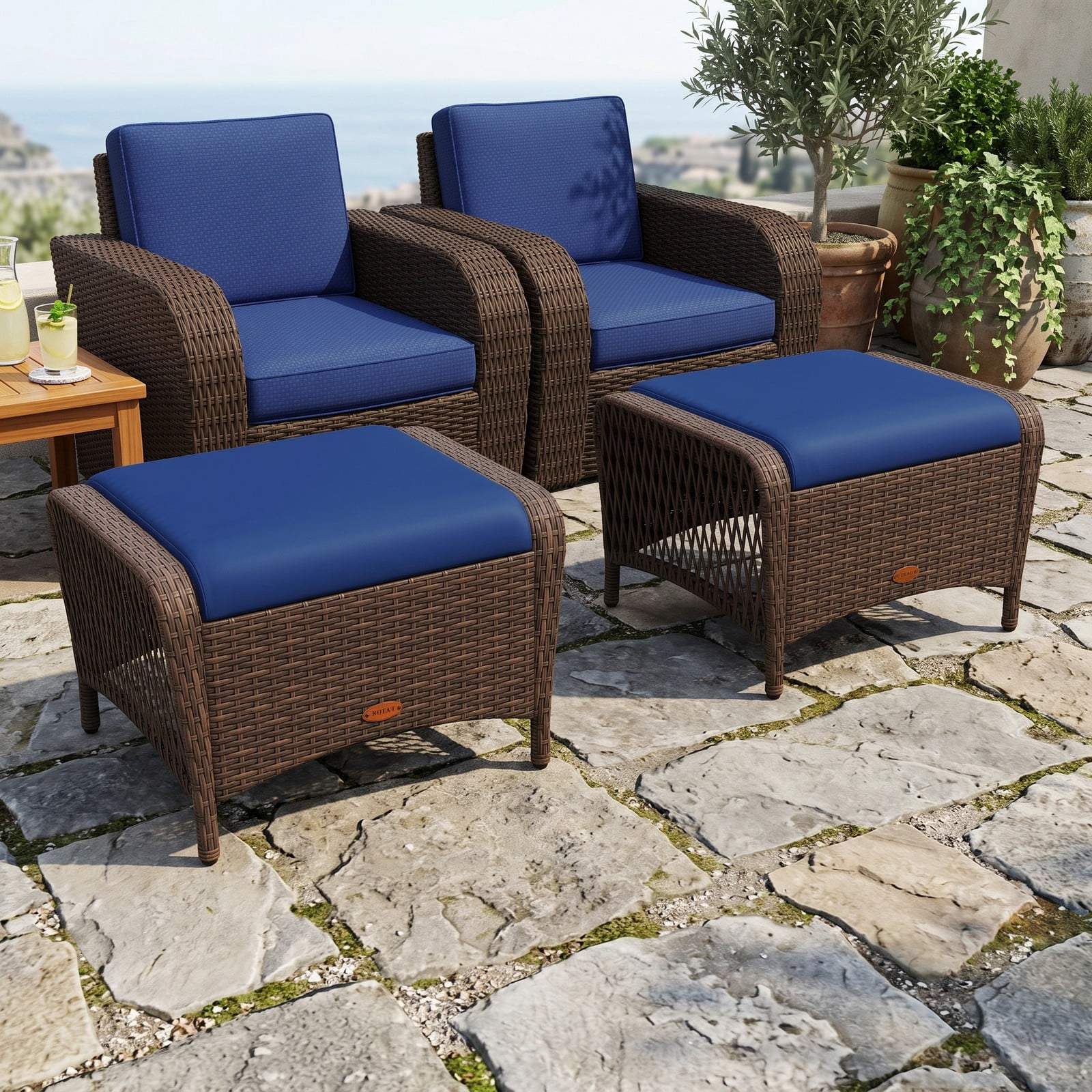 Furnibear Set of 2 Outdoor PE Wicker Patio Ottomans with Removable Cushions for Foot Rest, Extra Seating and Side Table Use, Navy