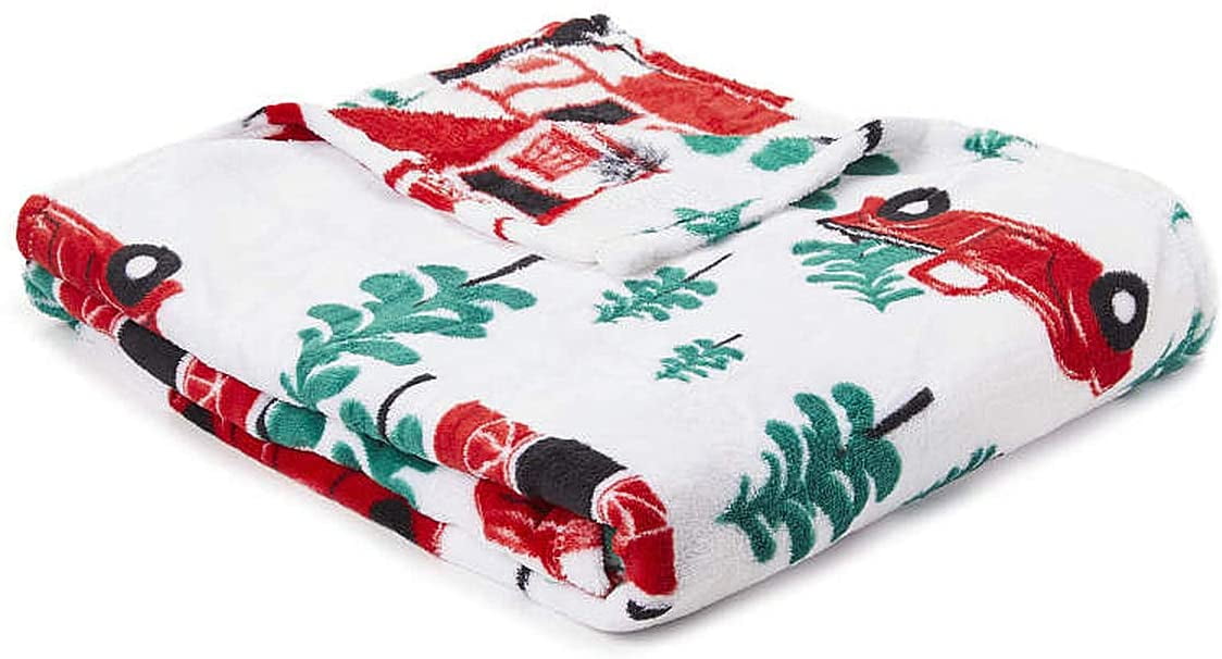 Vandarllin Sherpa Throw Blanket Happy New Year Christmas Truck with Tree Gifts Cozy Fuzzy Plush Flannel Throws for Office，Travel，Sofa，Bed，Couch，Car，50x60 Inch Red White