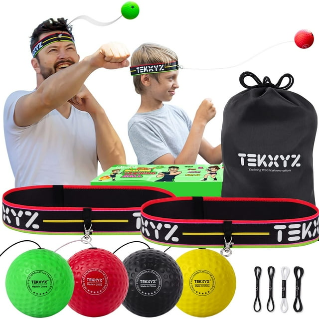 TEKXYZ Ensemble Familial de Balles Réflexes de Boxe, 2 Bandeaux Ajustables + 2 Balles Réflexes pour Débutants + 1 Balle Réflexe de Vétéran + 1 Balle Réflexe de Boxeur et Plus