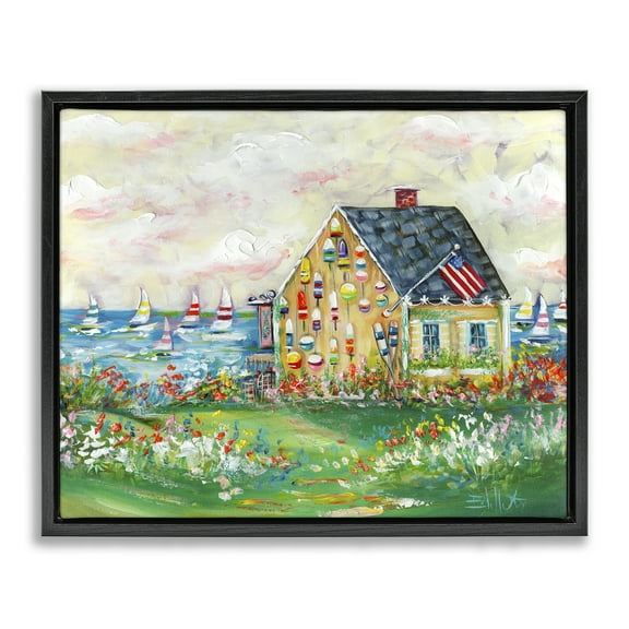 Stupell Industries Buoy Covered Boat House Landscape & Nature Painting Black Floater Framed Canvas Art Print Wall Art, 21 x 17