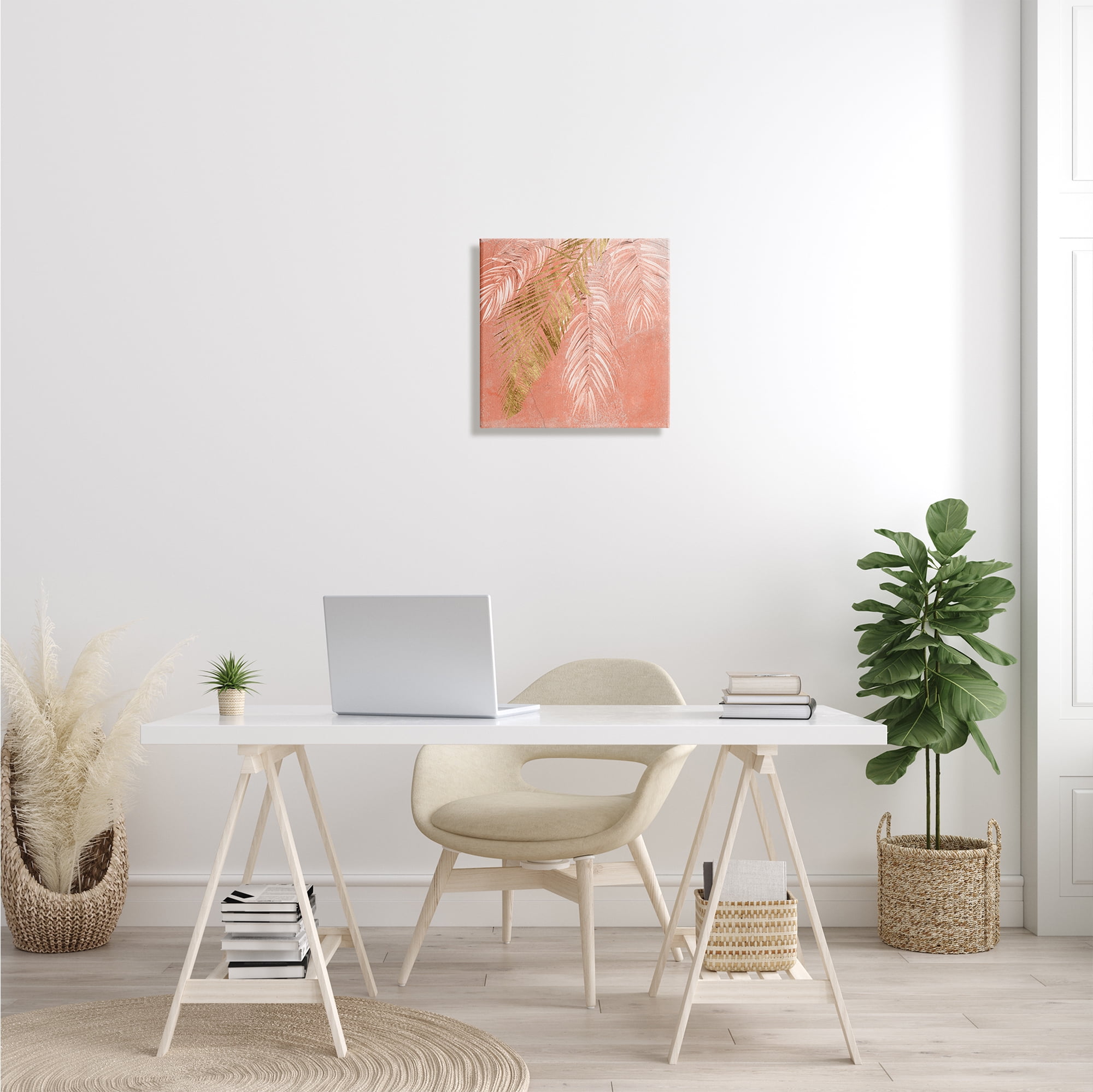 Pink Palm Fronds Distressed Tropical Plant Still Life Landscape Gallery-Wrapped Canvas Print Wall Art, 17x17