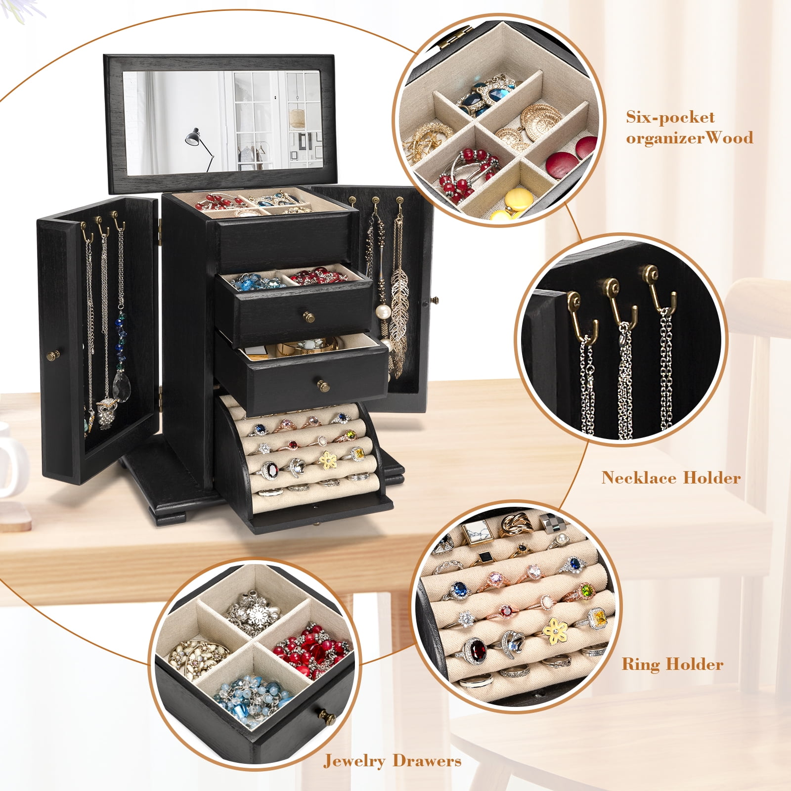 Sfugno Jewelry Box, 4 Layer Wooden Jewelry Boxes for Women, Jewelry Organizer Box Display for Rings Earrings Necklaces Bracelets,Black