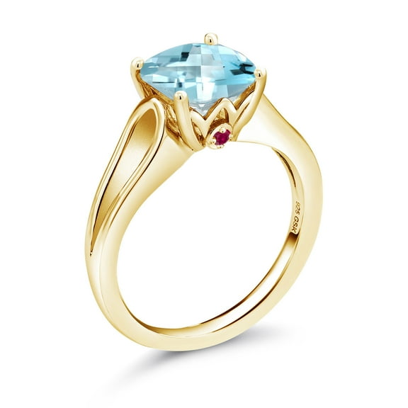 Gem Stone King 3.48 Ct Cushion Checkerboard Sky Blue Topaz Red Created Ruby 18K Yellow Gold Plated Silver Ring (Size 9)