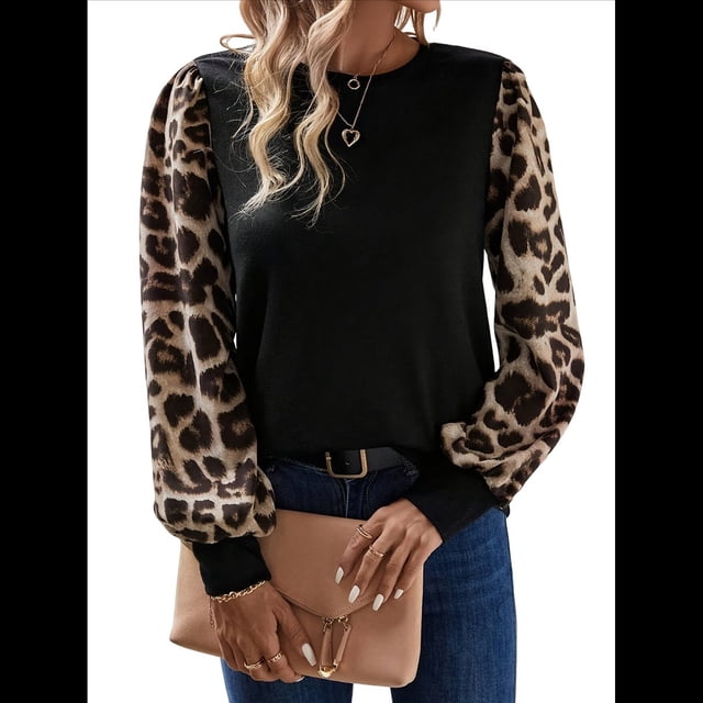 Camisas de Larga para Mujer, Blusas Raglán con Bloques de Color, Camisetas Básicas Informales de Cuello Redondo, Ropa de Moda de Otoño Negro XXL