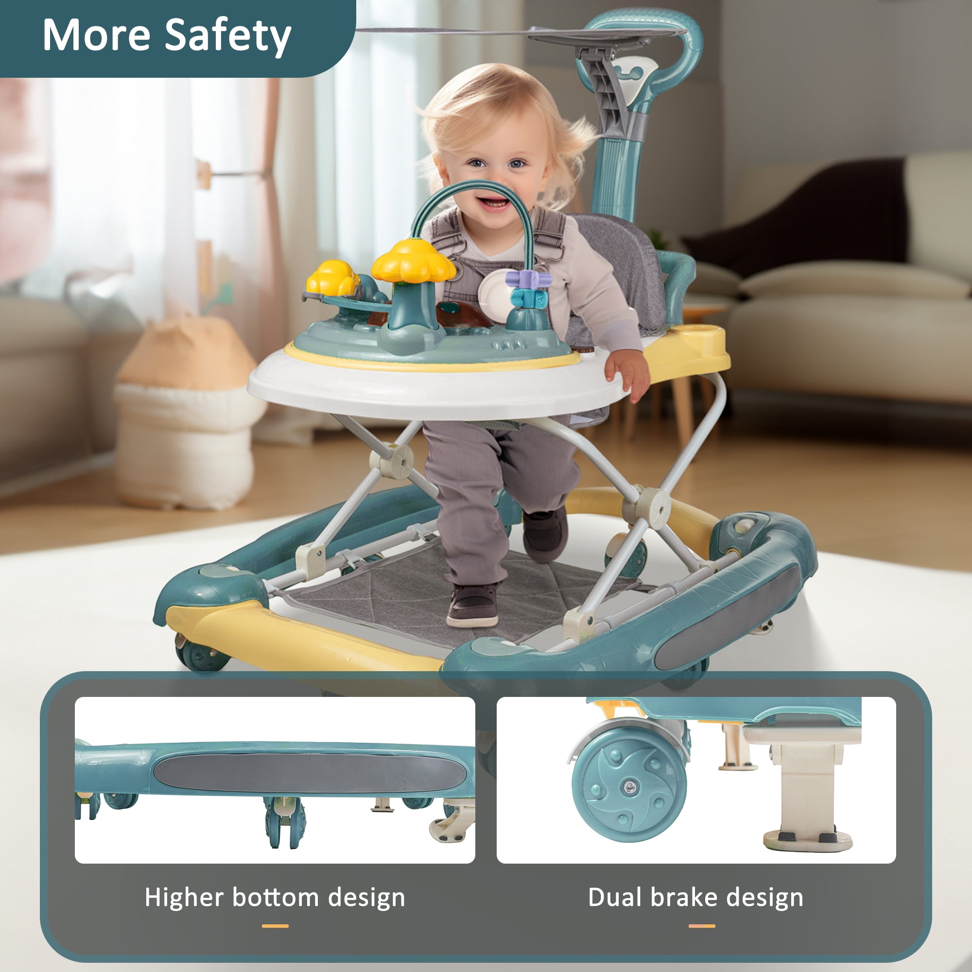 HAOUUCYIN 4-in-1 Baby Walker, Music Activity Push Walker with Wheel, Foldable and Height Adjustable, Green