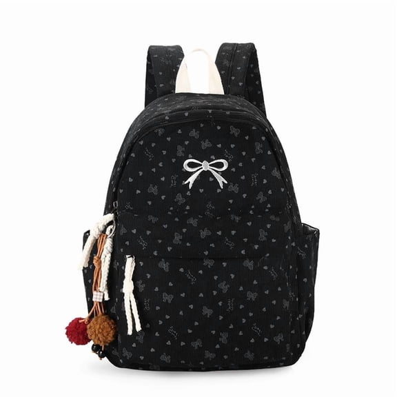 Yucurem Large Capacity Aesthetic Corduroy Bow Printed Backpacks, Lightweight Coquette Backpack with Bowknot for Travel Work Daily Use (Black)