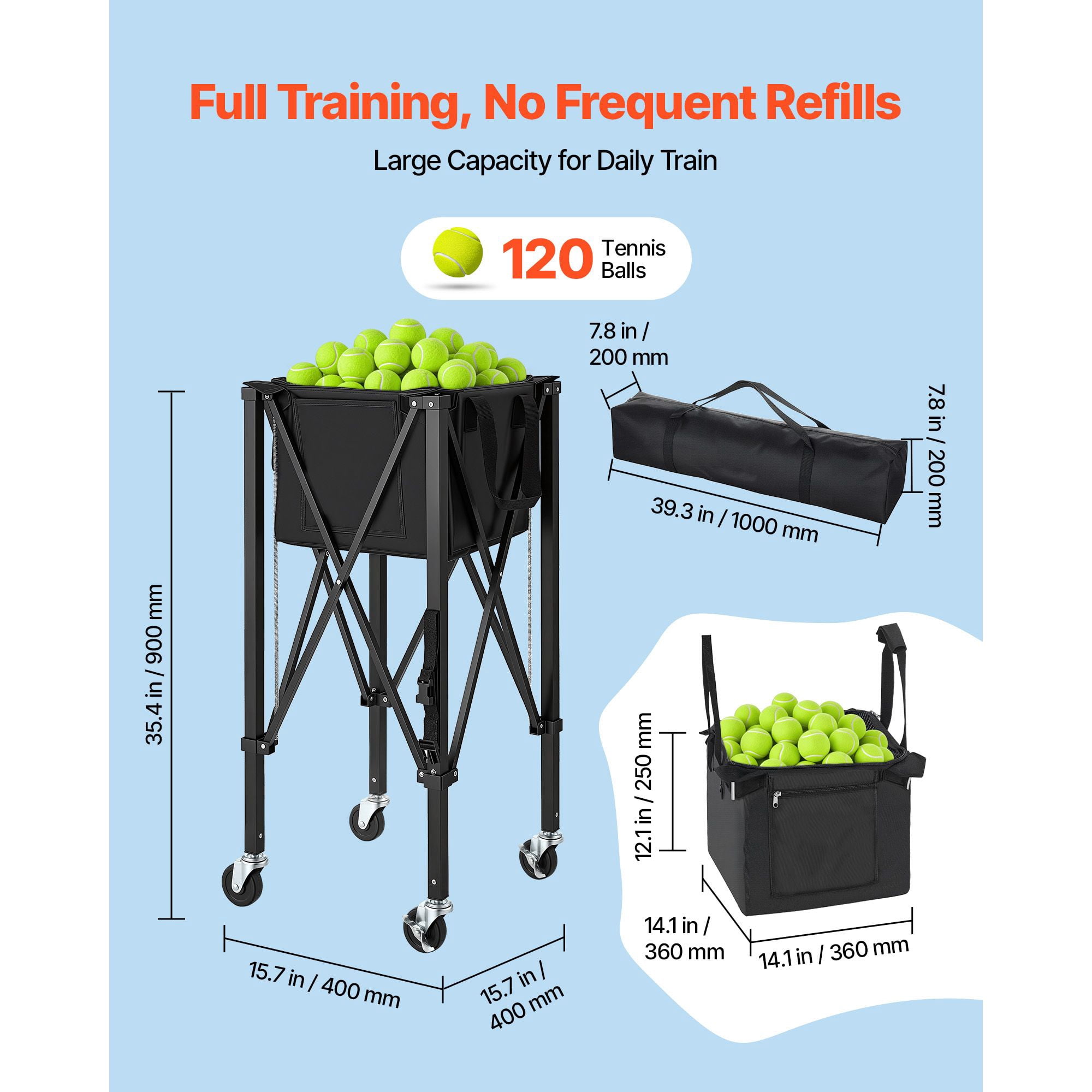 Tennis Pickleball ball funnel for 120 balls, foldable cart with wheels, lightweight aluminum, storage bag for training
