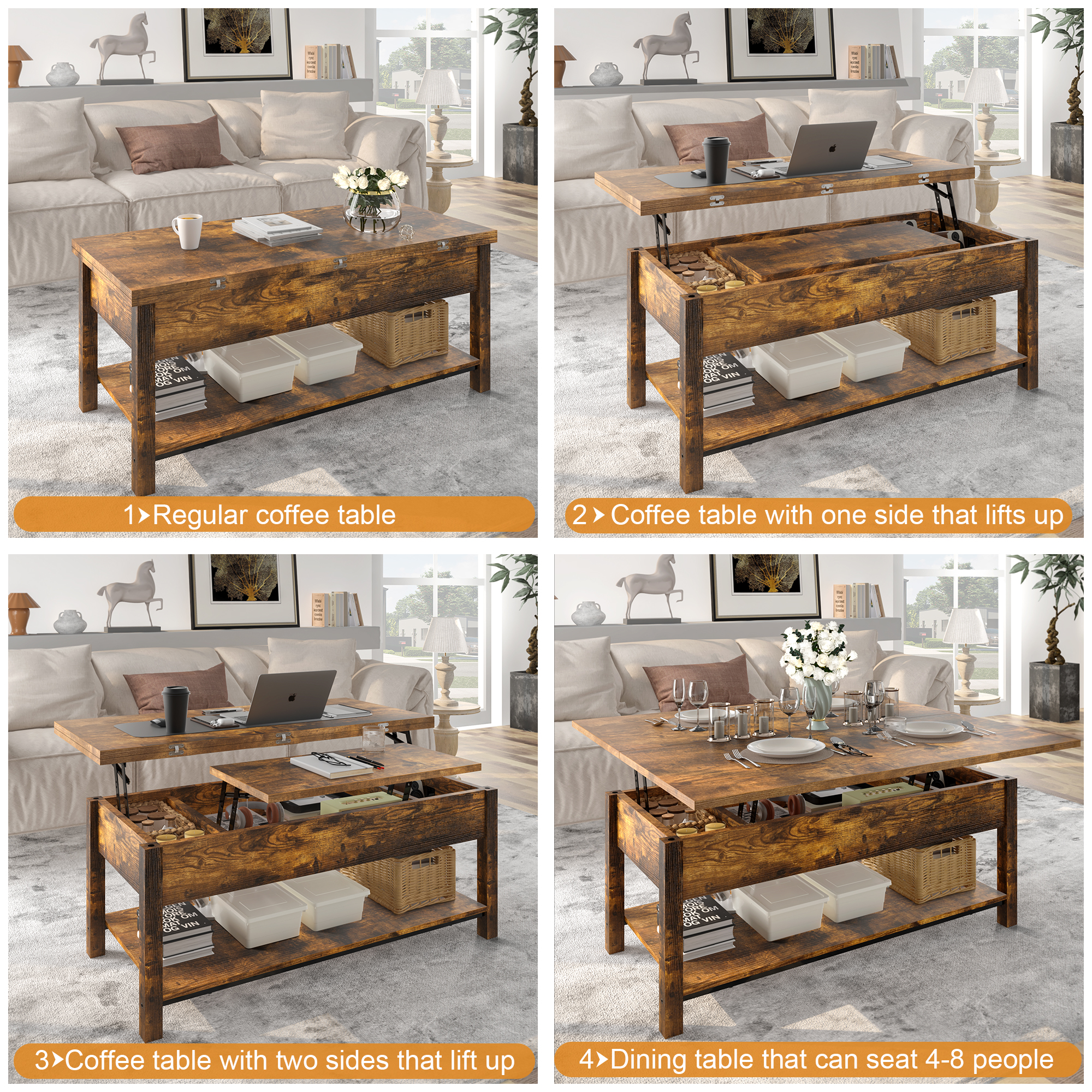 GUNAITO 41.73"Lift Top Coffee Table 4 in 1 Multi-Function Convertible Coffee Table with Hidden Storage Framhouse Coffee Table for Living Room Rustic Brown - image 2 of 8
