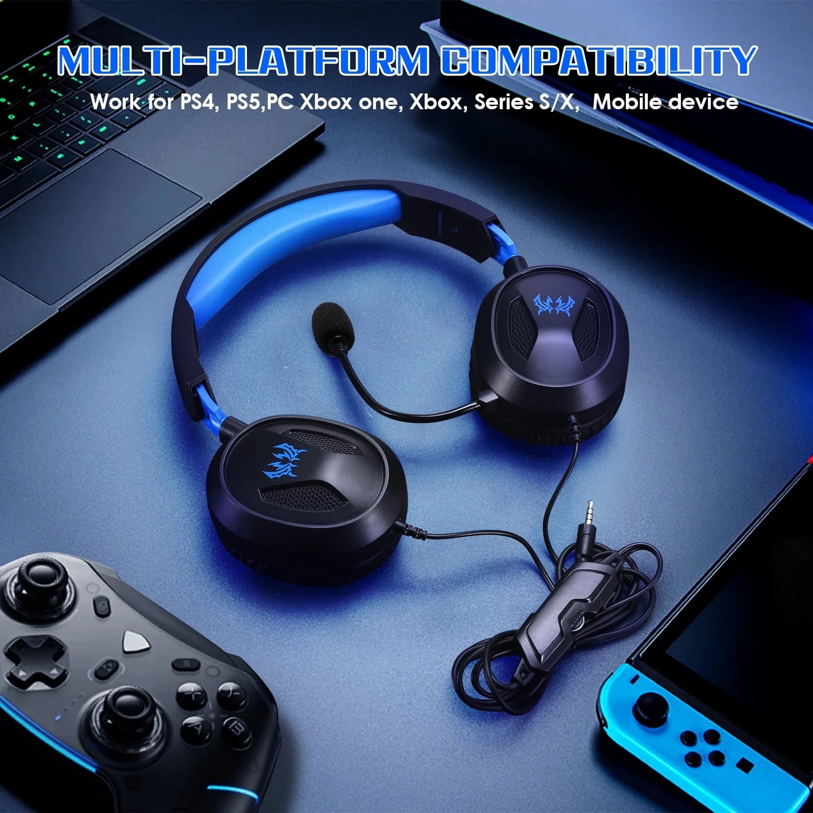 Gaming Headset Wired for PS5 PS4 Xbox One Switch PC, Noise Cancelling Over Ear Headphones with Mic,Stereo Bass Surround,Blue