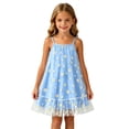 thumbnail image 3 of Girls Summer Floral Print Dresses Flowy Sleeveless V Neck Bow Shoulder Ruched Waist Casual Play Sundress Sky Blue 5-6 Years, 3 of 5