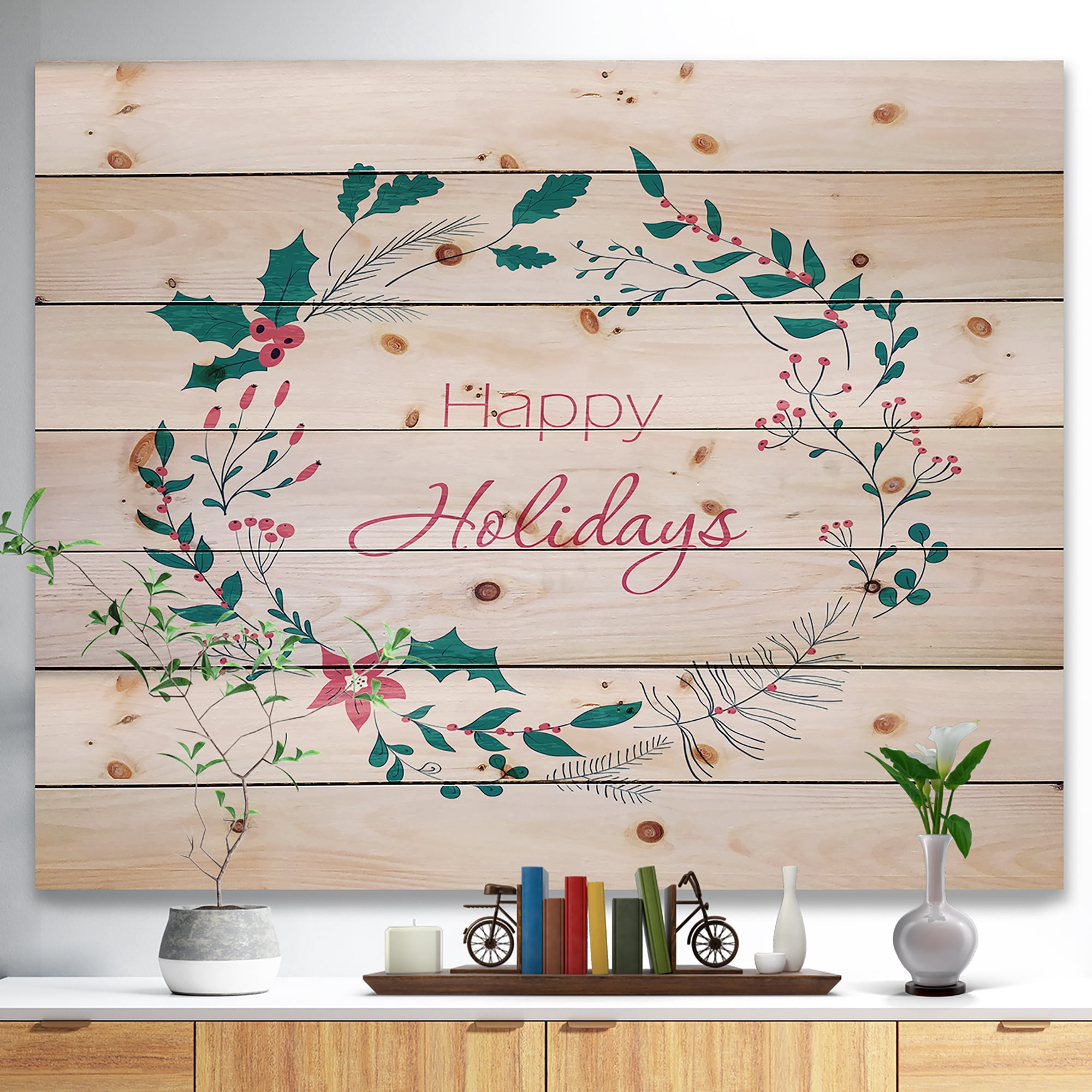 Designart 'Happy Holidays in Christmas Wreath' Print on Natural Pine Wood