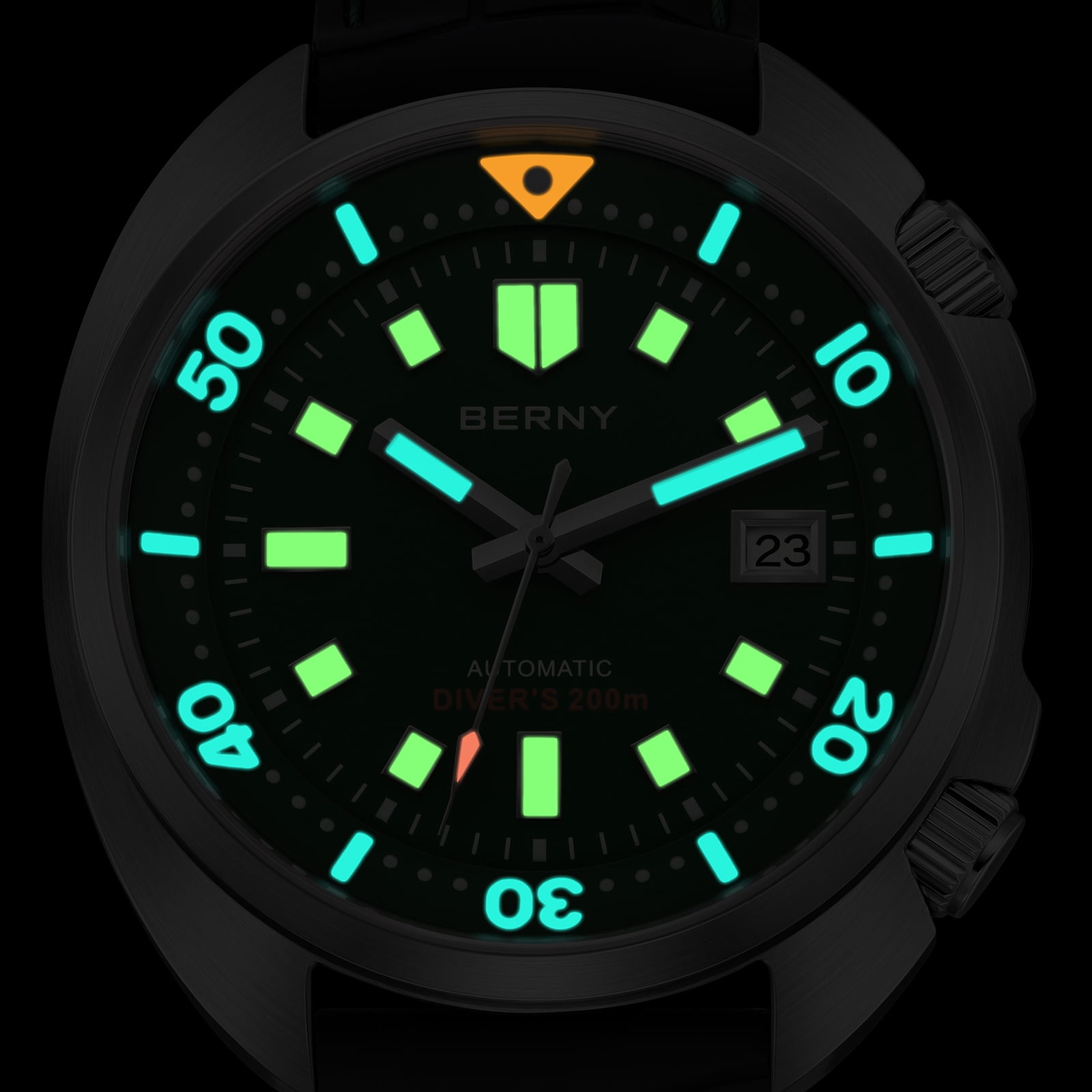 BERNY Automatic Dive Watches for Men, Sport 200M Waterproof Analog Mechanical Watch with Date Display, Super Luminous, Silicone Strap, Sapphire Crystal, Fashion Men's Diver Watch (Green)