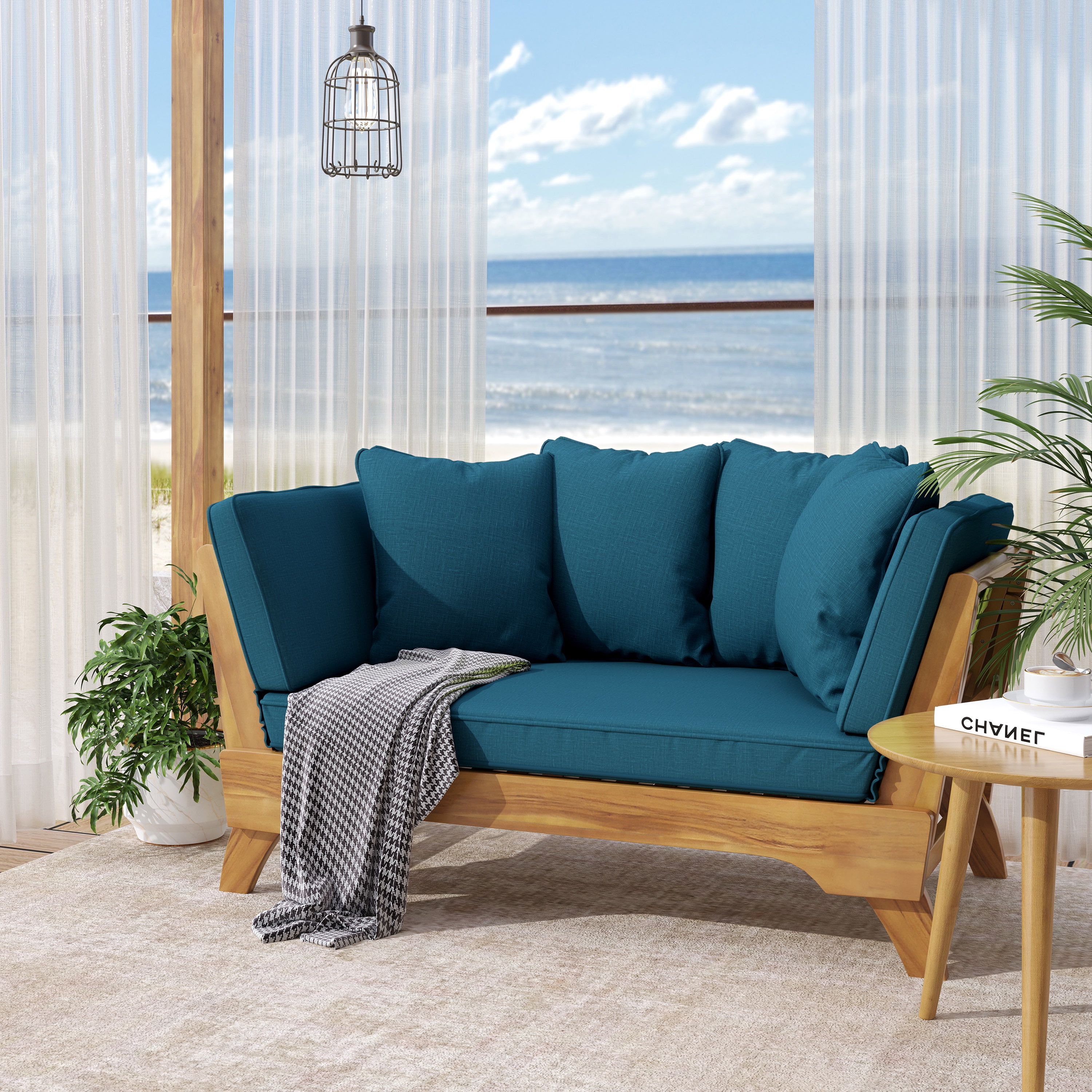 Outdoor Convertible Sofa Rest Bed with Cushions, Expandable Acacia Wood Leisure Furniture for Patio Garden, Teak and Beige