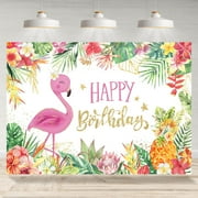 Happy Birthday Backdrop Luau Birthday Party Flamingo Aloha Tropical Hawaiian Party Banner Decorations Green Leaves Pineapple Background for Photography Photo Booth Props Supplies