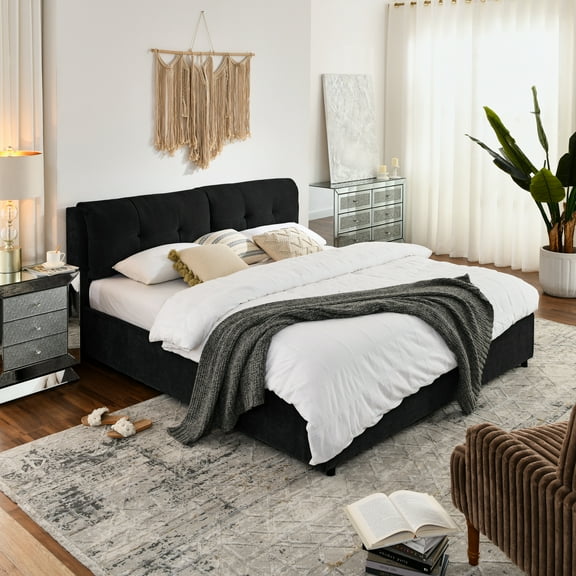 King Size Upholstered Storage Bed, Hydraulic Platform Bed with Chenille Headboard, Under Bed Storage, Modern Luxury Bed Frame, Black, King