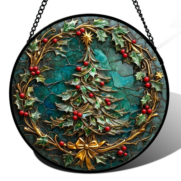 Stained Glass Window Hangings - Red Gold Green Wreath Suncatcher for Door Home Christmas Tree Decoration Sun Catcher Thanksgiving New Year Birthday Gift for Women Men Mom Grandma