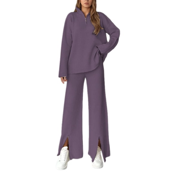 sususu Sets for Women Clothing Two Piece,Fall Outfits Ribbed Knit Two Piece Outfit High Neck Zipper Trousers Suit Cozy Loungewear For Fall Winter Season Casual Home Wear - Purple