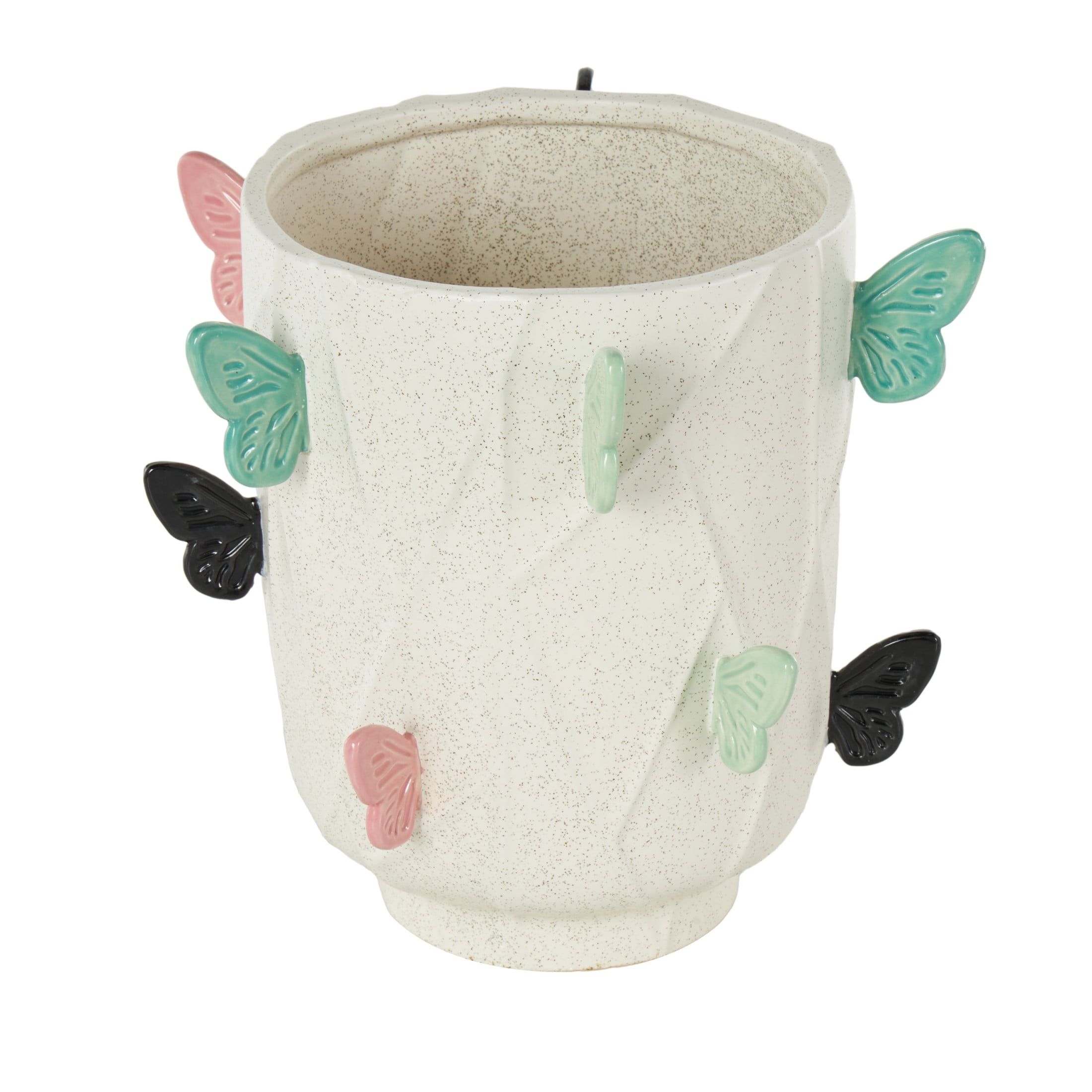 DecMode 11" Butterfly Wide White Ceramic Vase with Multicolor Accents