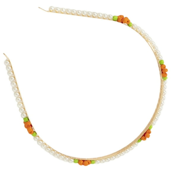 WASHWEPE 1Set Wide Headbands for Women and Girls Orange Imitation Pearl Iron Rice Bead Circular Shape 11.8X4.9X0.4In