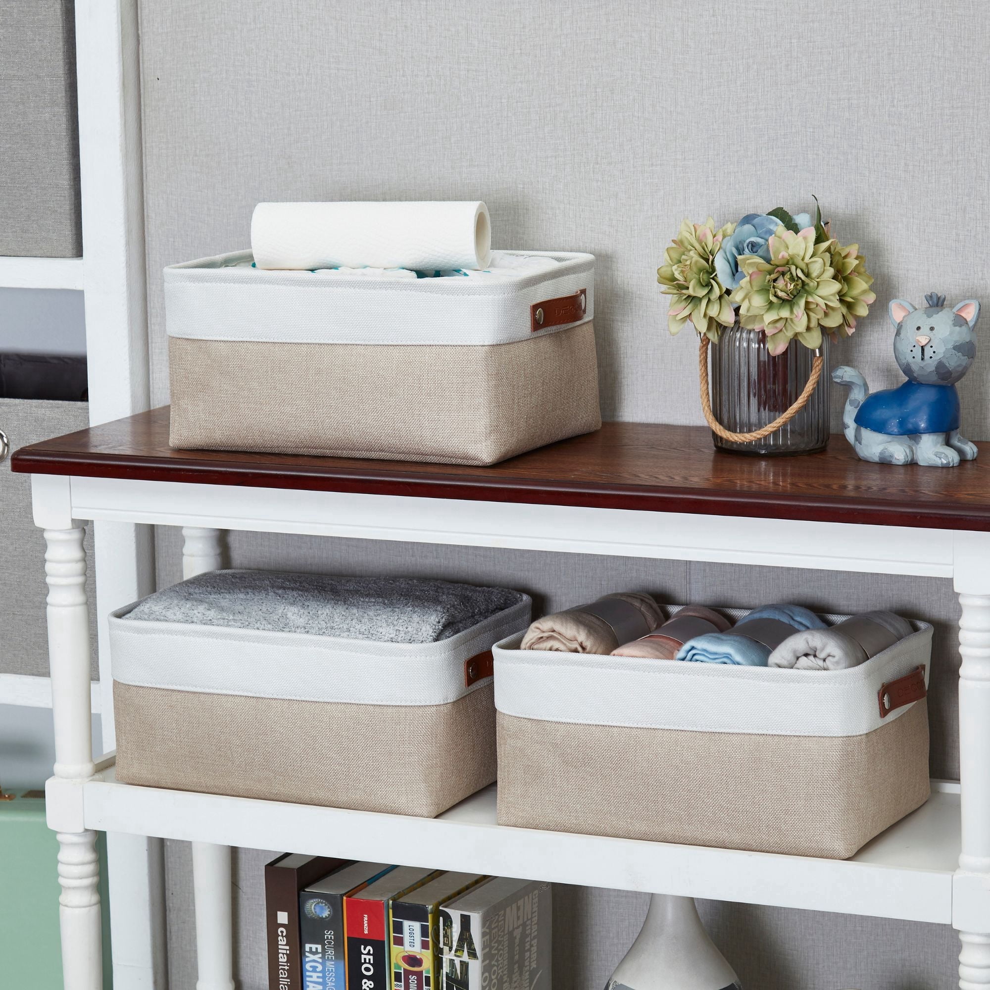 DECOMOMO Medium Decorative Durable Fabric Storage Baskets and Bins, Beige and White, Set of 3