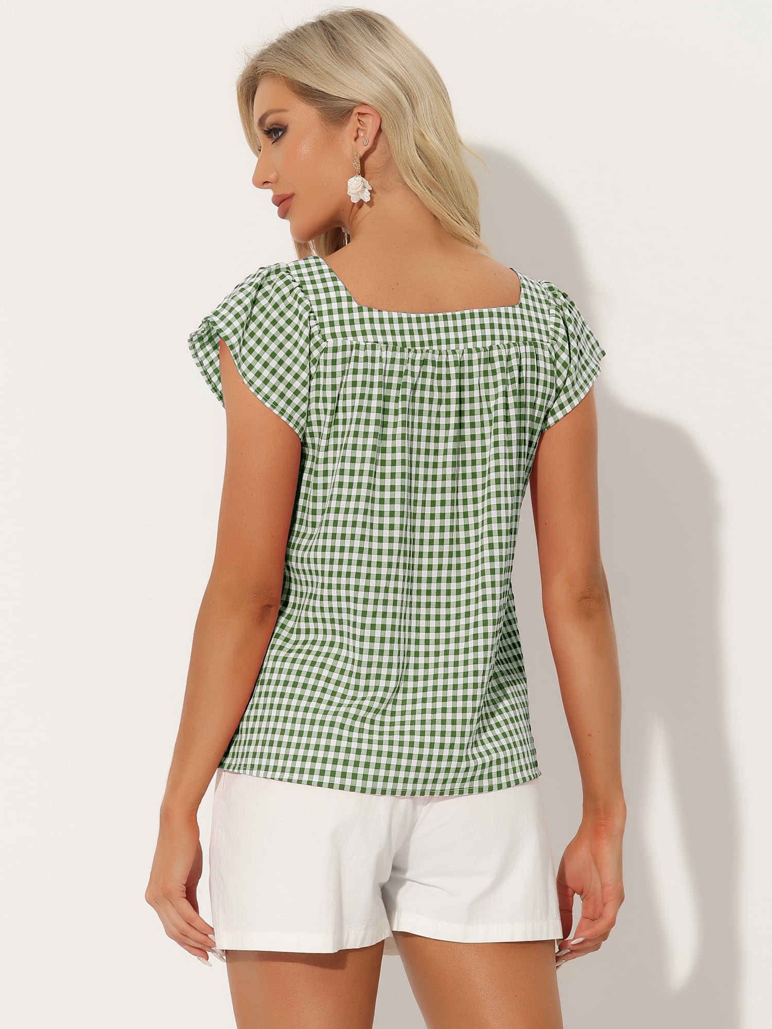 DARING DIVA Women's Summer Square Neck Gingham Cap Sleeves Blouses XL Green White